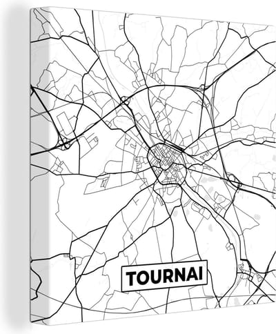 Canvas Schilderij België – Tournai – Stadskaart – Kaart – Zwart Wit – Plattegrond - 20x20 cm - Wanddecoratie