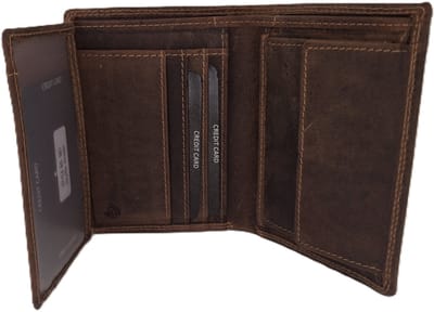 Oi Hunter bruine leren heren portemonnee hoog model / platte billfold met pasjes verticaal / hoge dunne beurs met groot zichtvenster / anti skim / bruin leer / 601H