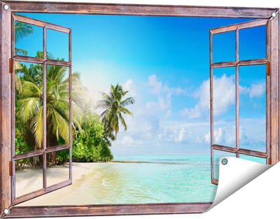 Gards Tuinposter Doorkijk Tropisch Strand bij de Licht Blauwe Zee - 90x60 cm - Tuindoek - Tuindecoratie - Wanddecoratie buiten - Tuinschilderij