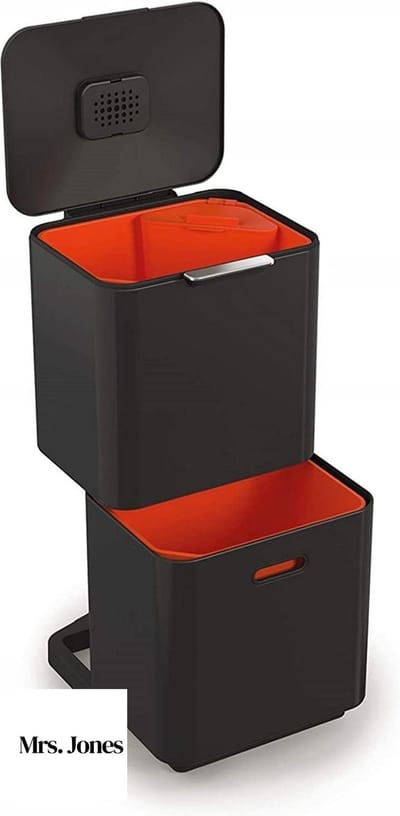 Mrs. Jones Totem Max 60 liter afvalscheiding en recycling keuken afvalemmer met geurfilter en verwijderbaar voedselafval bak in Zwart. Prullenbak 60 liter