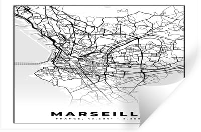 Muurstickers - Sticker Folie - Marseille - Kaart - Stadskaart - Frankrijk - Plattegrond - Zwart wit - 30x20 cm - Plakfolie - Muurstickers Kinderkamer - Zelfklevend Behang - Zelfklevend behangpapier - Stickerfolie