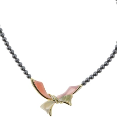 Behave - Ketting - Parelketting Hematiet Kralen - Strik Hanger - Grijs - Antraciet - Goud - Roze - Dames - 45 cm