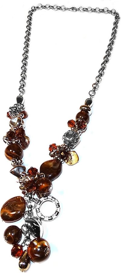 Lange Jasseron Ketting met Bruine en Zilveren Kralen