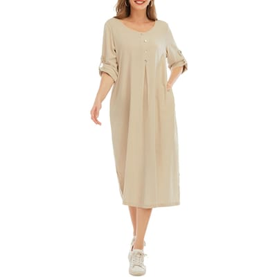 Robe longue d'été décontractée à manches retroussées et poches latérales pour femmes, fentes, boutons, col rond, ample Medium kaki