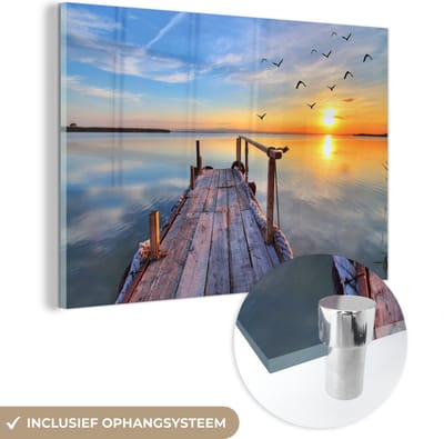 Glasschilderij - Foto op glas - Steiger - Water - Vogels - Natuur - Acrylglas - Schilderij glas - Acrylplaat - Wanddecoratie - 150x100 cm - Glasschilderij natuur - Muurdecoratie