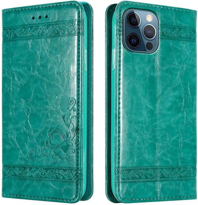 Cadorabo Hoesje geschikt voor Apple iPhone 12 PRO MAX in TURKOOIS met ornamenten - Beschermhoes met magnetische sluiting, standfunctie en kaartvakje Case Cover Etui