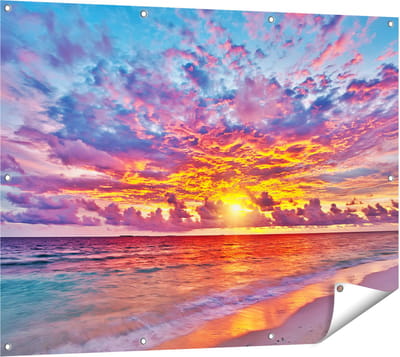 Gards Tuinposter Zonsondergang op het Strand in de Malediven - 120x90 cm - Tuindoek - Tuindecoratie - Wanddecoratie buiten - Tuinschilderij