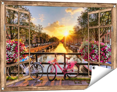 Gards Tuinposter Doorkijk Amsterdamse Brug met Zonsopgang - 90x60 cm - Tuindoek - Tuindecoratie - Wanddecoratie buiten - Tuinschilderij
