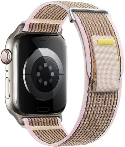 Nylon bandje - geschikt voor Apple Watch 1/2/3/4/5/6/7/8/9/10/11/ SE (1,2,3) met maat 38 mm / 40 mm / 41 mm en 42 mm (Watch 10/11) - klittenband - roze gestreept