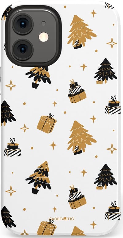 Casetastic hoesje geschikt voor Apple iPhone 12 Mini - Dubbellaagse bescherming - Kerst met Cadeautjes - Fashion Case - Wit Beige Donkergrijs