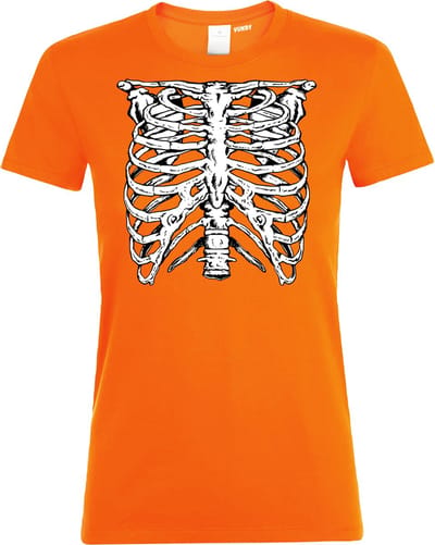 Dames t-shirt Skelet Ribbenkast | Halloween Kostuum Volwassenen | Halloween | Foute Party | Oranje dames | maat XS