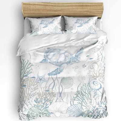 Blauw Marine Koraal Schelpen Zeester Dekbedovertrek met Kussensloop Aangepaste 3-delige Beddengoedset Dekbedovertrek Tweepersoonsbed Huistextiel AU Single(140x210cm)