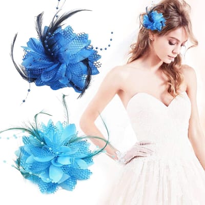 Dailygoods- Fascinator Kobaltblauw - 2 Stuks - Hoofddeksel Feest - Haarclips - Veer/Bloem - Elastische Band