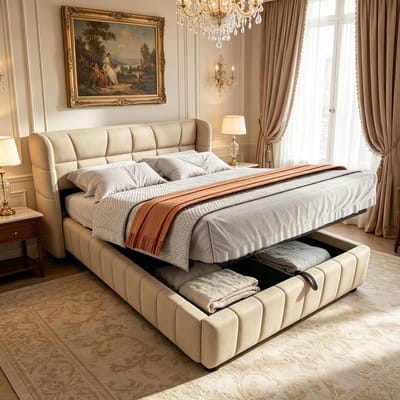 MODFU Gestoffeerd Bed Met Opbergruimte En Hoofdbord - Modern - Voor Slaapkamer - Stof - Beige - 140 X 200 Cm