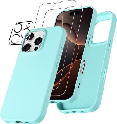 Hoesje Geschikt voor iPhone 16 Pro Max – Zacht siliconen liquid backcover met 2x screenprotectors gehard glas en 1x lens protector – Mint Groen