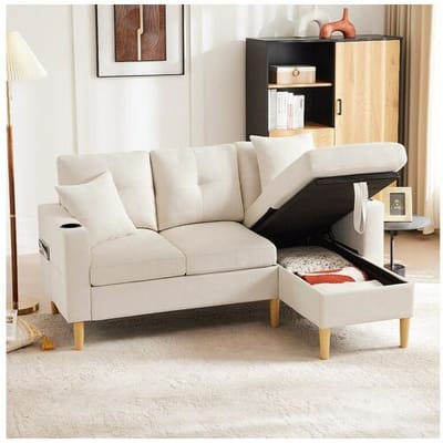 Merax 3-zitsbank met chaise longue - 175 x 129 x 90 cm - met opbergruimte + 2 kussens - katoen + linnen - beige