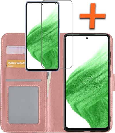 Hoes - Met Screenprotector - Geschikt voor Samsung Galaxy A53 - Luxe Pasjeshouder - Bookcase Portemonee - Flip Case - Kunstleer Book Case - Flipcase - Book Cover - Walletcase - PortemonneeHoes - Rosé goud