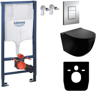 GROHE SOLIDO SINTO BLACK - Inbouwreservoir 50cm - Chromen EVEN Drukplaat - Zwart Randloos Hangtoilet - Toiletset