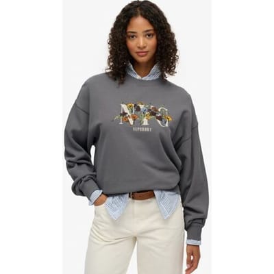 Superdry Oversized Night Garden Sweatshirt met Ronde Hals Dark Grey Grootte: 36
