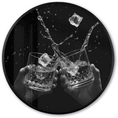 Poster in lijst Rond - Fotolijst 60x60 cm - Posters - Whiskyglazen - Ijs - Spetters - Zwart - Ronde posterlijst zwart - Decoratie - Wanddecoratie woonkamer - Muurdecoratie slaapkamer