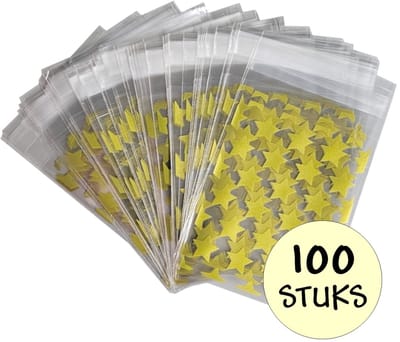 100x Cellofaan Zakjes - 100x Uitdeelzakjes - Cellofaan Plastic Traktatie Kado Zakjes - Snoepzakjes - Sterren - 10x8cm - Goud