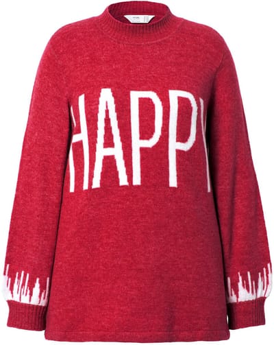 Angel of Style - Dames - Trui HAPPY-statement lange ballonmouwen - Baksteenrood - Maat 42+