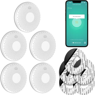 SAVS CS11W Slimme combimelder met wifi 5-pack - Tuya Smart Home app - Rook en koolmonoxide - 10 Jaar batterij - Geen LED lampje - Rookmelder en koolmonoxidemelder met extra dun design - Rook én CO melder - Montage zonder boren