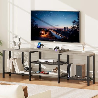 Industriële hoek-tv-kast- modulaire tv-standaard- stopcontacten- USB-poorten en ledverlichting- 4 open planken- voor woonkamer- grijs