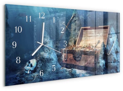 Tulup Wandklok - Onderwaterschat Wandklok Glas Met Motief - 60x30 cm - Blauw Decoratieve Glazen Klok - Witte Handen - Rechthoekige Wandklok - Gekleurde Glazen Klok - Glazen Klok Met Print