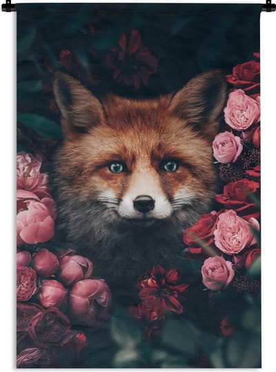 Wandkleed - Wanddoek - Vos - Bloemen - Botanisch - Dieren - 120x180 cm - Wandtapijt