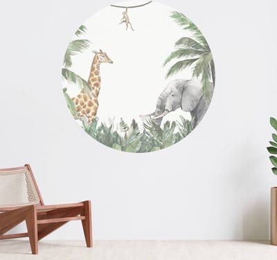 Muurcirkel zelfklevend behang - Kleurrijke jungle dieren - Wanddecoratie - 080cm behangcirkel - Ronde sticker voor aan de muur - Behangsticker verkrijgbaar in verschillende formaten