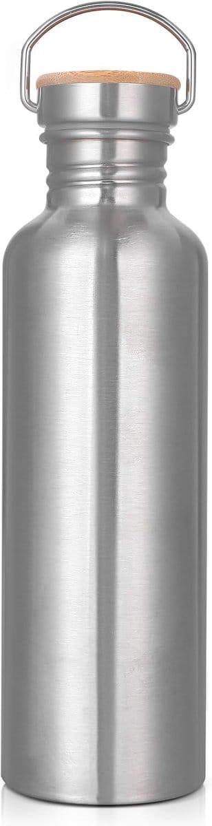 Drinkfles van roestvrij staal, 1 liter, niet geïsoleerd, eenwandig, BPA-vrij, lekvrij, metalen waterfles, outdoor drinkfles voor bruisen, sport, school, fitness