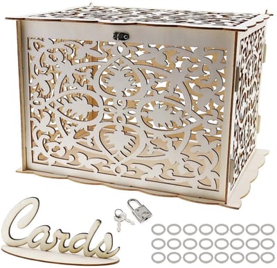 Dailygoody - Bruidskaart Houten Holle Geschenkdoos met Slotsleutels - 32x24x22cm - Natuurlijke Kleur