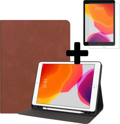 Hoesje - Geschikt voor Apple iPad 7 (2019) - 10.2 inch - 7e Generatie - Met Screenprotector - Luxe Bookcase Hoes - Hard Cover Case - Met Uitsparing Geschikt voor Apple Pencil - Hardcover Book - Tablethoes - Bruin
