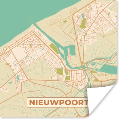 Poster Kaart - Plattegrond - Stadskaart - Vintage - Nieuwpoort - 100x100 cm XXL