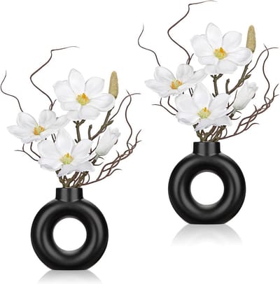 SnelShoppen - Set van 2 Mini Kunstplanten Orchideeën en Magnolia in Keramisch Donutvaasje - Kunstbloemen voor Tafeldecoratie, Raamdecoratie, Modern De