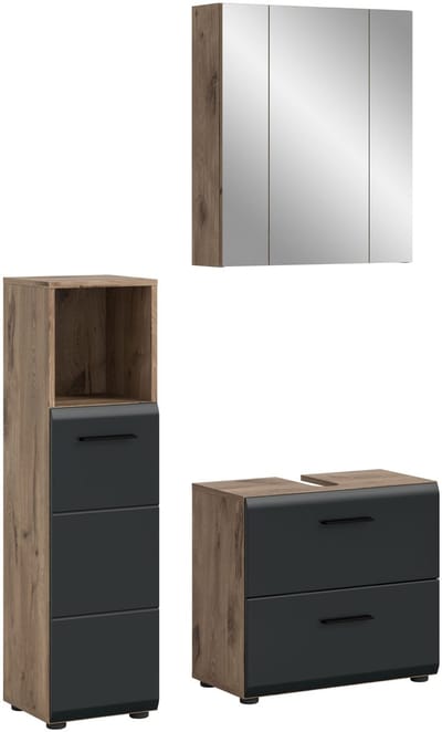 Badcombinatie 3-delig - Zwart en Eiken Look - Compacte Badkast Op Wielen - 105x185x30cm