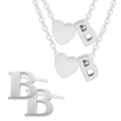Initiaal Ketting & Armband & Oorbellen set met Letter B Zilverkleurig - Stainless Steel - Met letter & Hartje! - 3x Sieraden Cadeau - Pax Amare