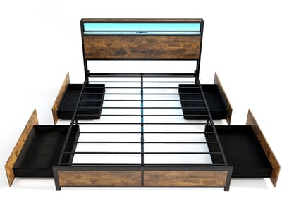 COSTWAY Bed met ledverlichting, laadstation en 4 laden, opbergbed met hoofdeinde en lattenbodem, industrieel bedframe, metalen bed, tweepersoonsbed 200 x 160 cm