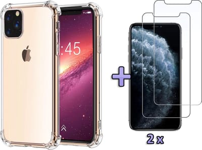 Casemania Hoesje Geschikt voor Apple iPhone 11 Pro - Anti Shock Hybrid Back Cover / 2X Glazen Screenprotector - Transparant