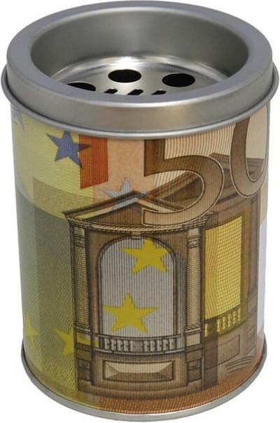 Kleine asbak met deksel 50 euro opdruk 10 cm geel metaal - Fun asbakken