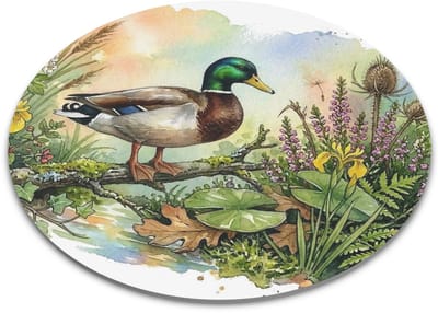 Ronde Muismat Wilde Eend Woerd in Natuur "Aquarel Series" - Vogel Illustratie met Riet & Water - Unieke Bureau Accessoires & Kantoorartikelen - Passend Cadeau voor haar: Vrouw, Vriendin & Collega - Decoratieve Werkplek Accessoire