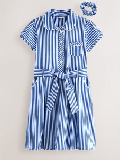Next - Meisjes - Katoenrijke schooljurk met ceintuur en scrunchie - Blauw