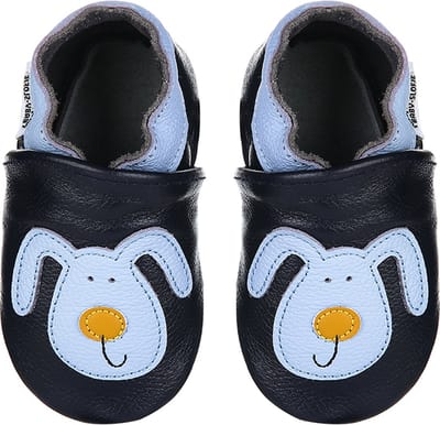 Donkerblauwe leren babyslofjes van Baby-Slofje met hond maat 18/19