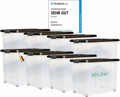Novaliv 8x Opbergdozen met deksel Groot 80L Antraciet Nestbaar Stapelbaar met clipsluiting Rolboxen Kunststof BPA-vrij 61x40x45 cm