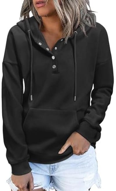 Dames Hoodie Capuchontrui - Warm Sweatshirt voor Herfst en Winter - Casual V-hals Pullover met Knoopsluiting