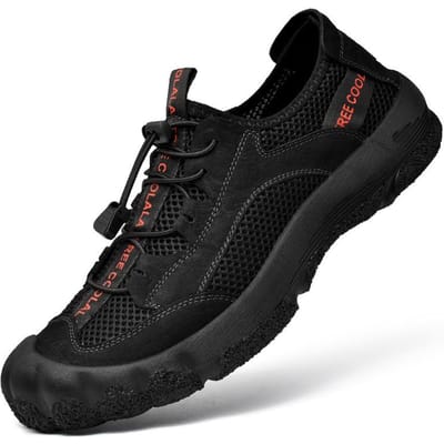 Eerste Laag Rundleer Mesh Heren Authentieke Leren Neus Outdoor Sport en Casual Leren Schoenen Dikke Zool Antislip Zomer Strand Schoenen Heren 44 black