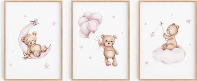 No Filter Babykamer posters set - 3 stuks - 30x40 cm - Kinderkamer decoratie - Teddy beer met ballon - Sterren - Roze