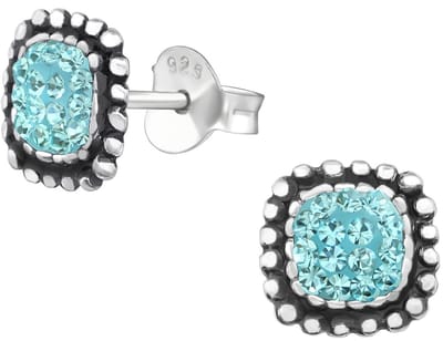 Joy|S - Zilveren vierkant oorbellen - blauw kristal - 8 mm - geoxideerd