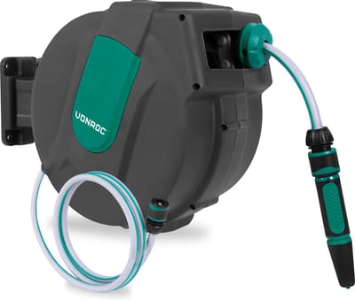 VONROC Wandslangenbox – Incl. 15m tuinslang, aansluitslang, spuitstuk, koppelingen & kraanaansluiting – Automatisch oprolsysteem